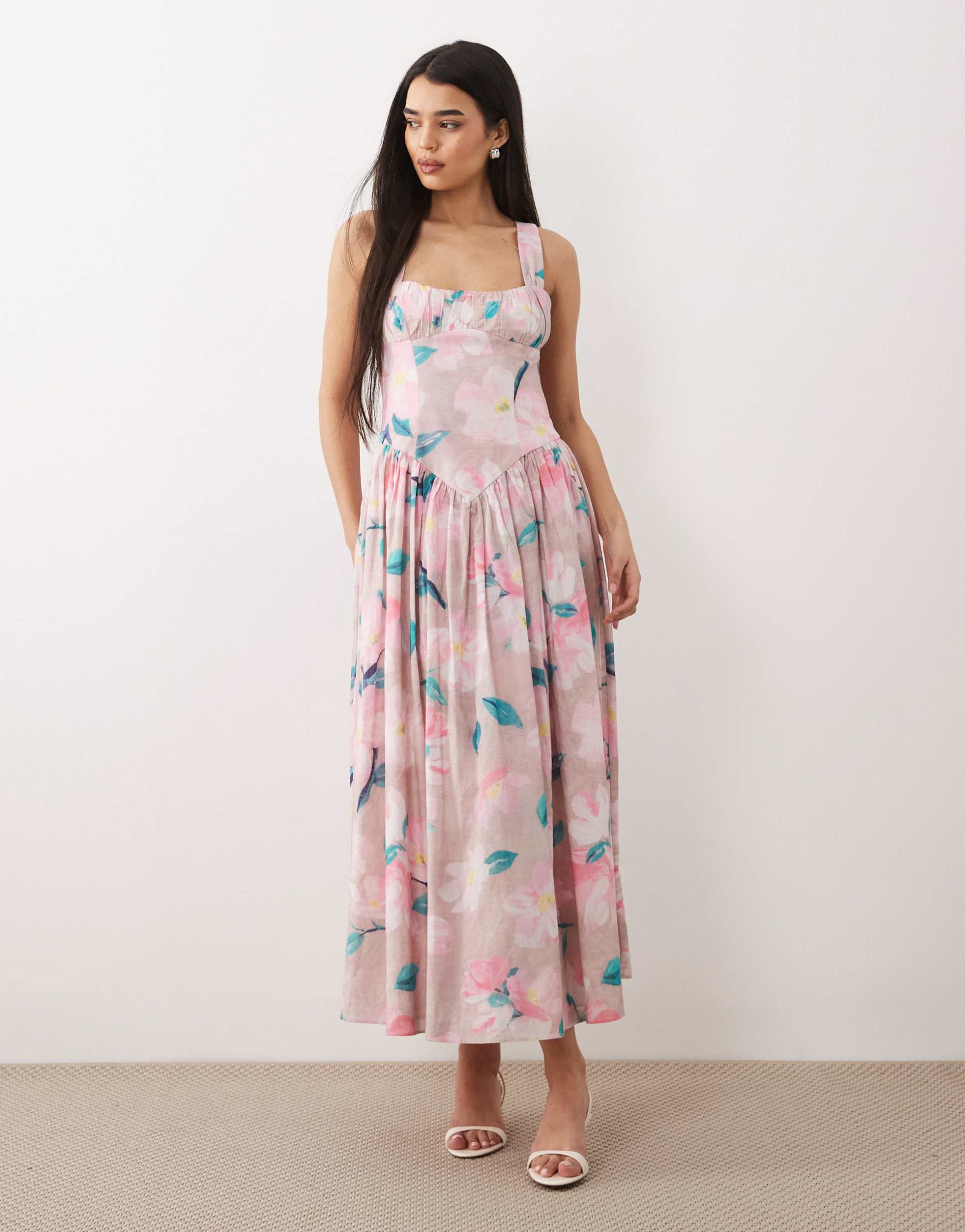 bardot cartia cotton structured corset detailing midi dress in pink floral