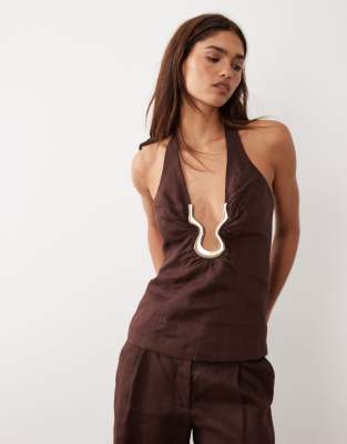 Bardot Cavarly Linen Halter Top Chocolate In Brown