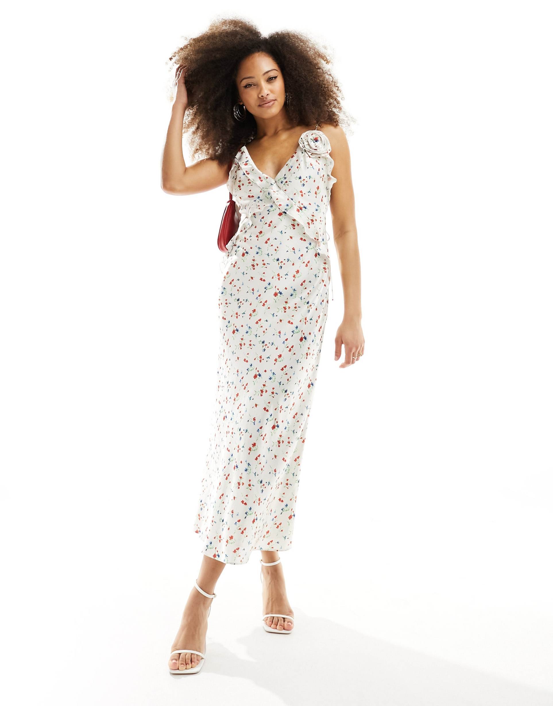 bardot cherry ruffle maxi dress in white