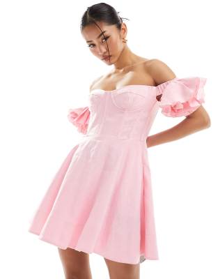 Bardot Corsage Detail Mini Dress In Pink