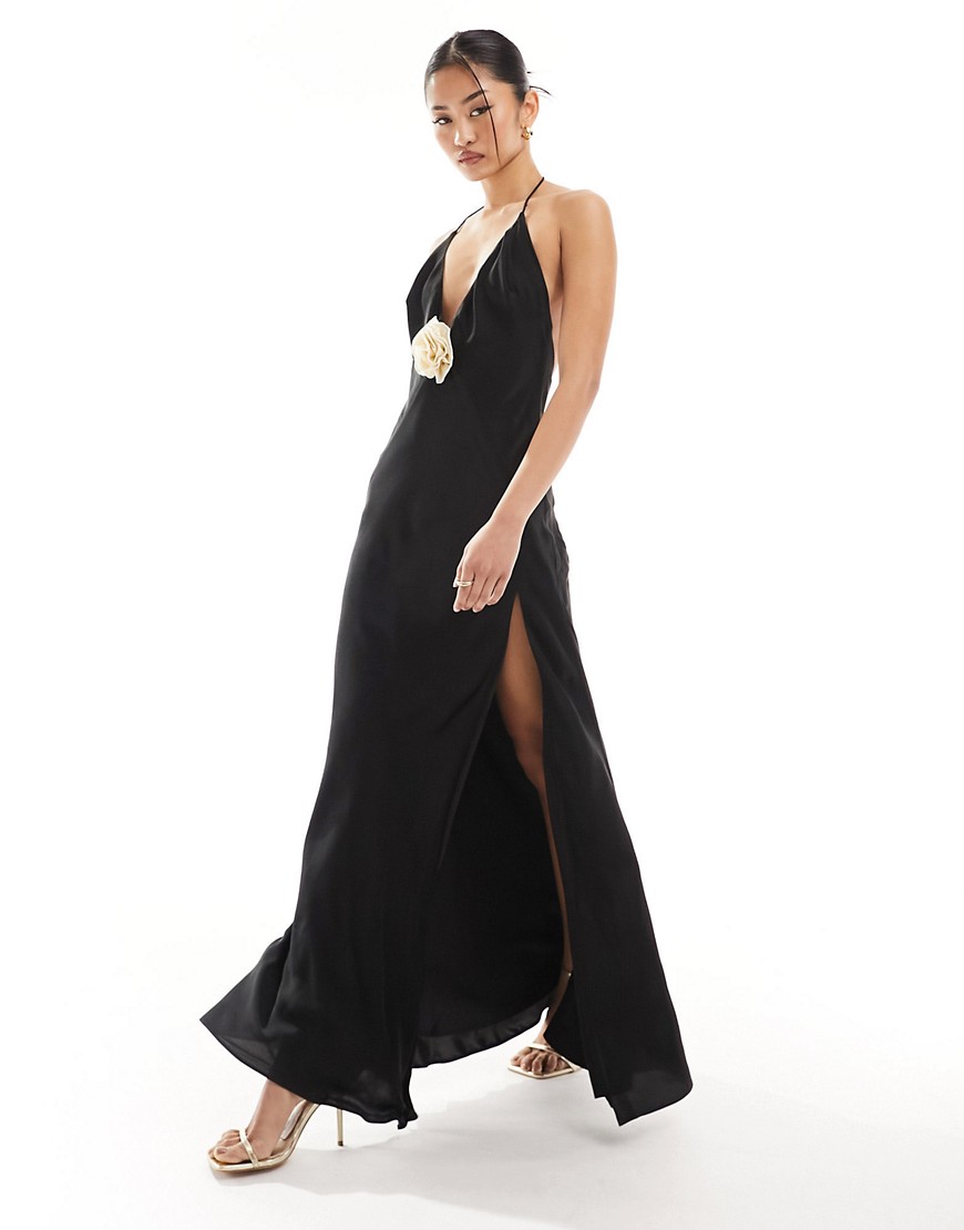 Bardot corsage halter maxi dress in black