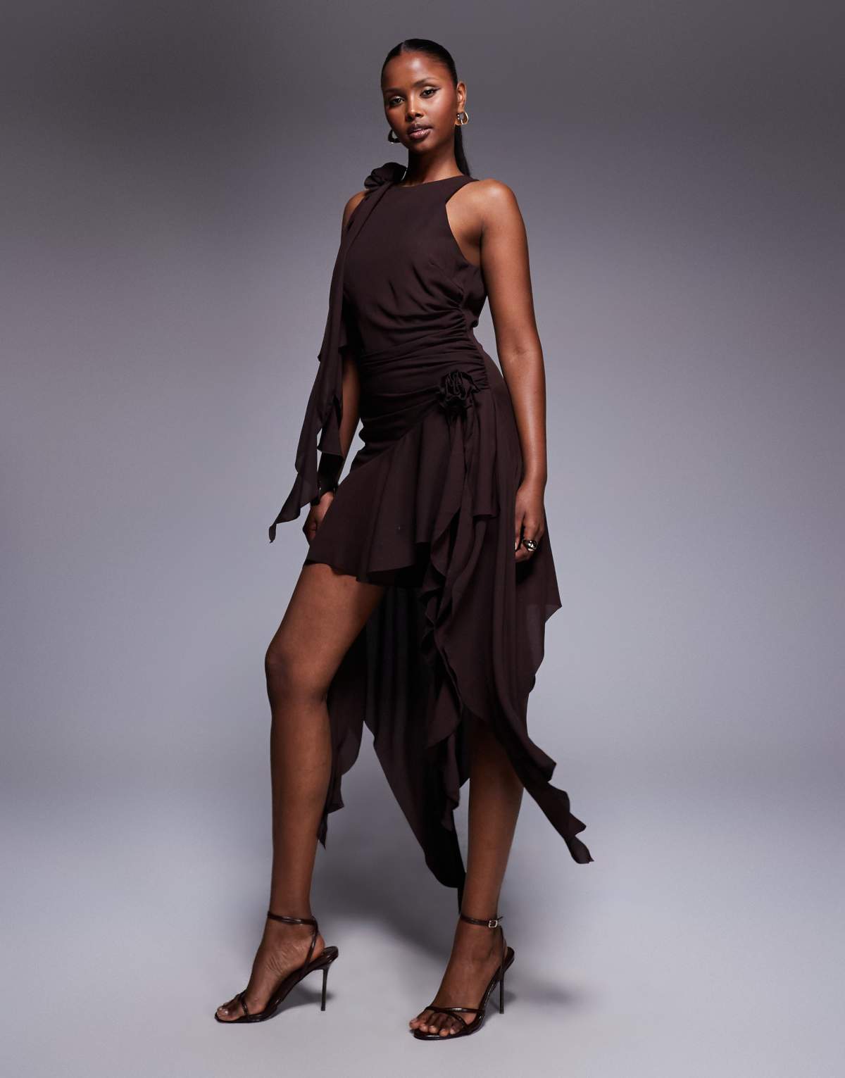 Bardot corsage ruffle mini dress in chocolate