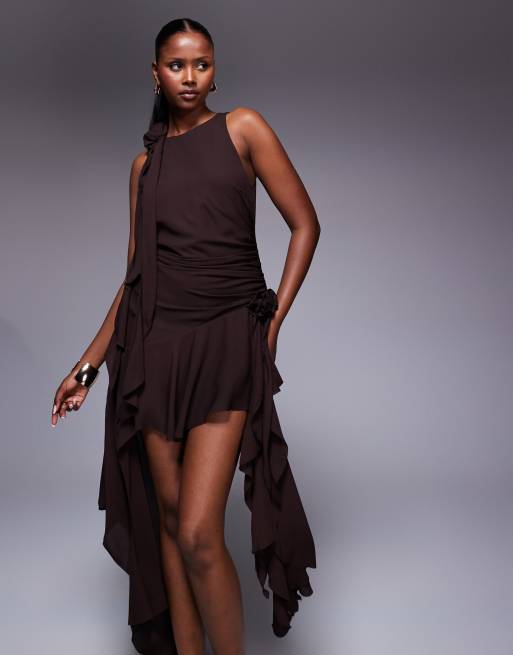 Bardot corsage ruffle mini dress in chocolate, 2 of 4