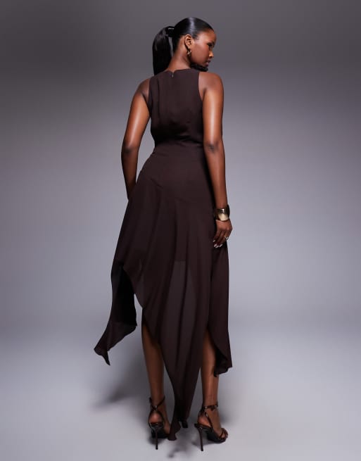 Bardot corsage ruffle mini dress in chocolate, 4 of 4