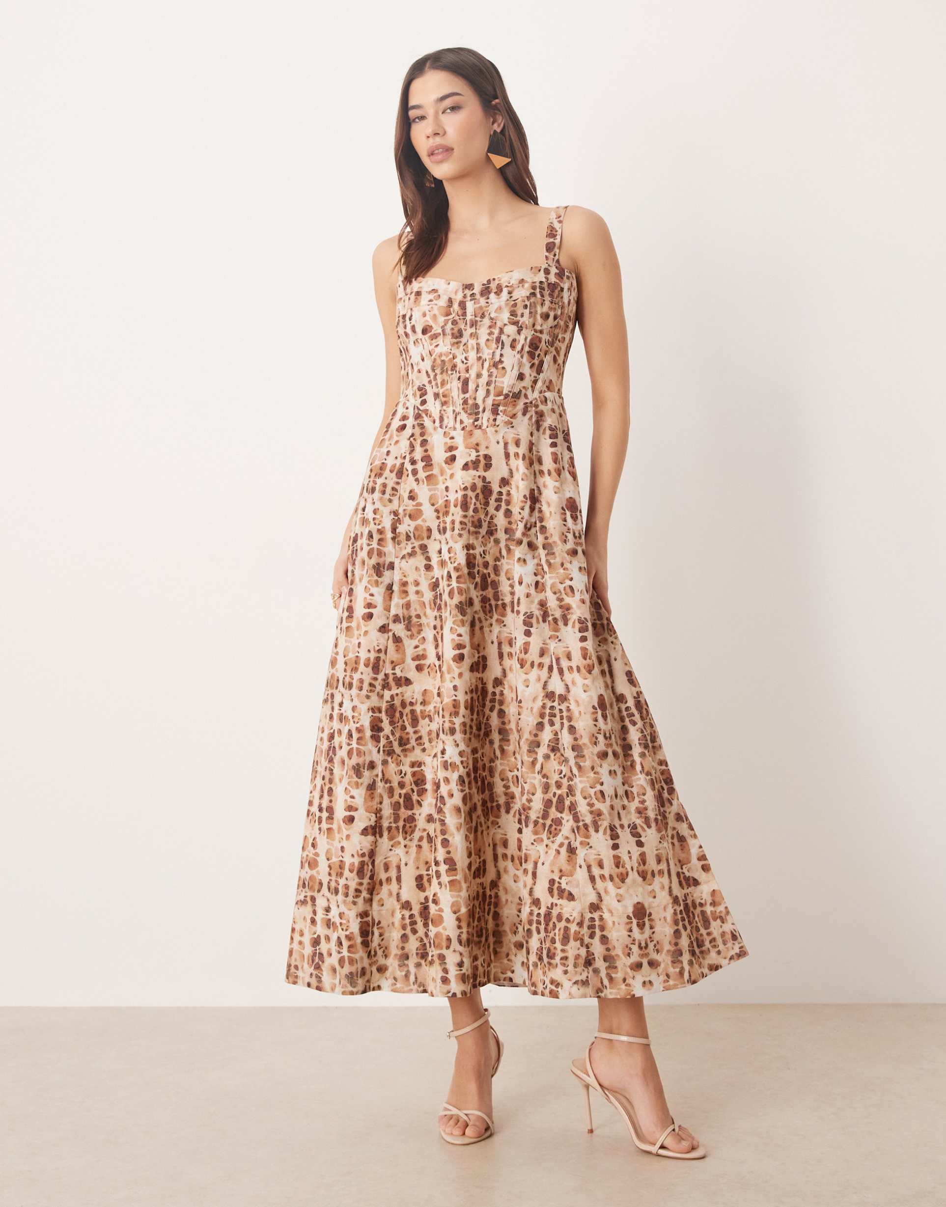 bardot corset detail cinched skater midi dress in brown abstract print