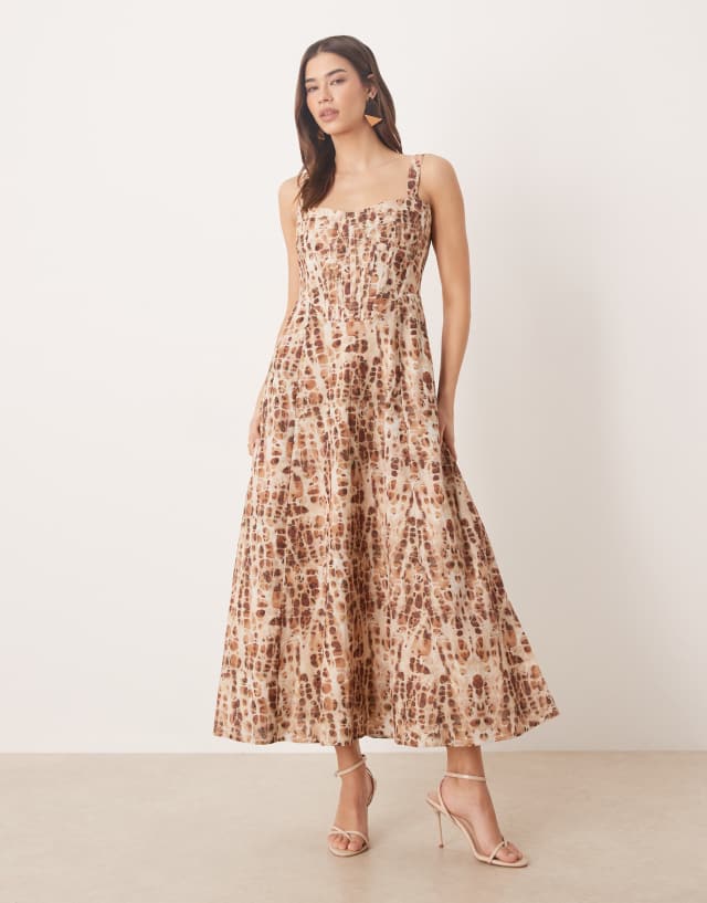 Bardot corset detail cinched skater midi dress in brown abstract print