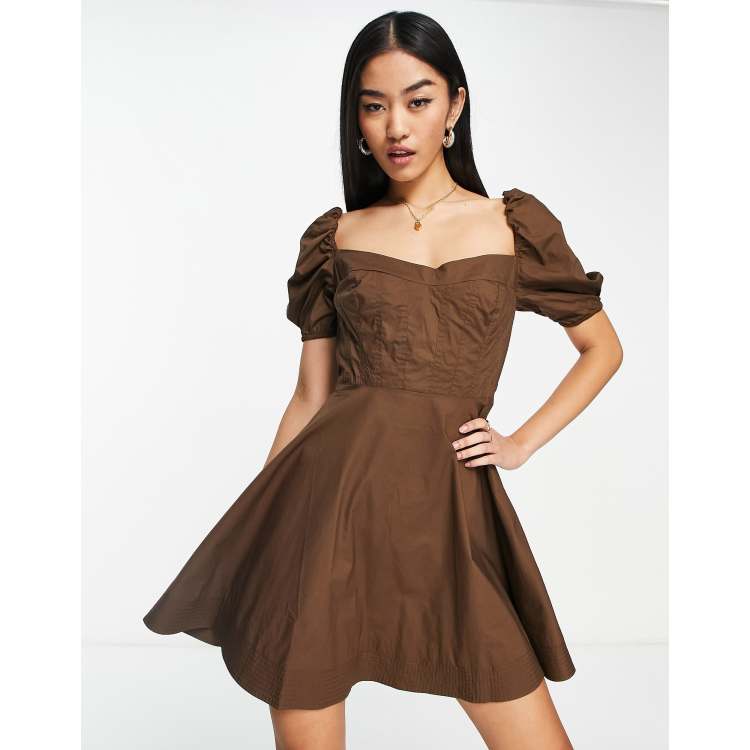 knee length dresses for ladies Short Brown Dress Puff Sleeves L main image 0