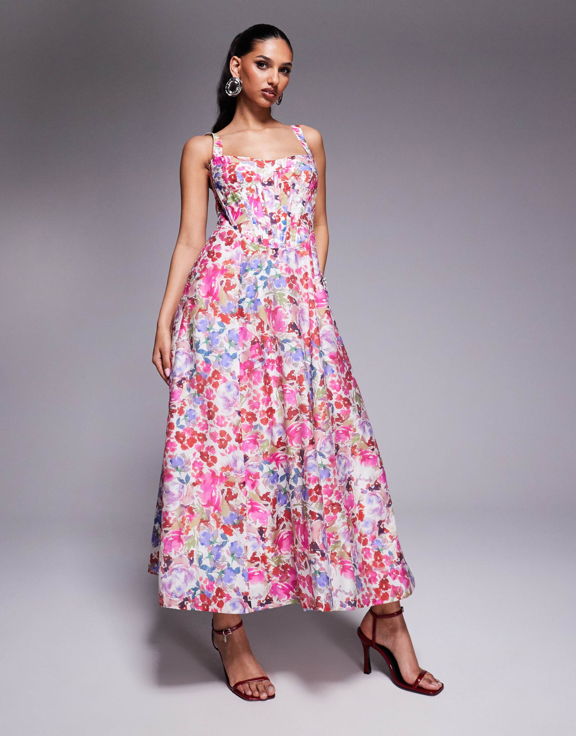 bardot corset midi dress in pink floral