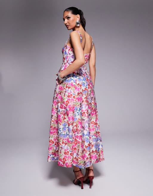 Bardot corset midi dress in pink floral | ASOS
