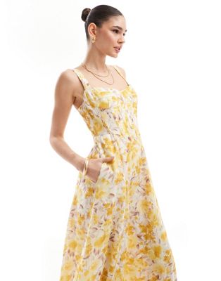 Bardot corset midi dress in yellow floral