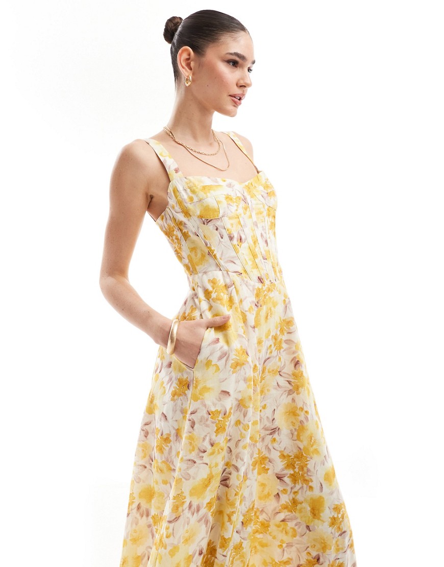 corset midi dress in yellow floral