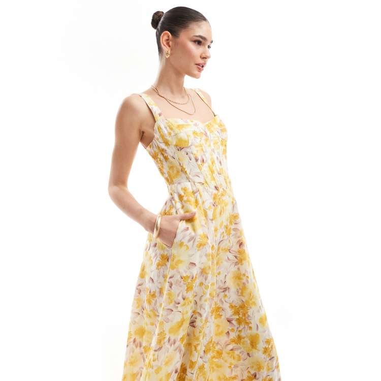 Bardot corset midi dress in yellow floral | ASOS