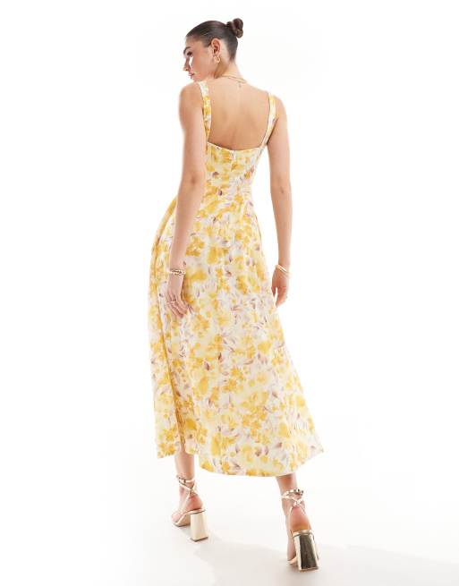 Bardot corset midi dress in yellow floral ASOS