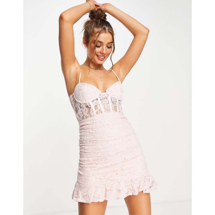 Bardot corset waist mini dress with frill hem in soft pink lace | ASOS