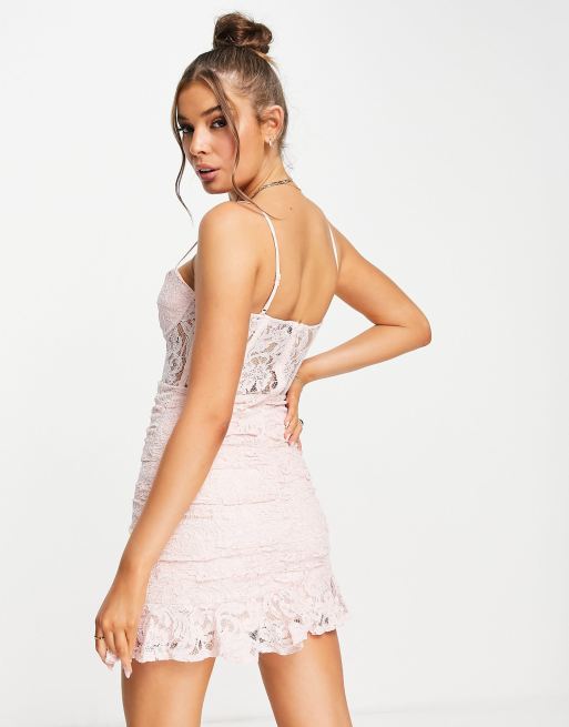 Bardot corset waist mini dress with frill hem in soft pink lace