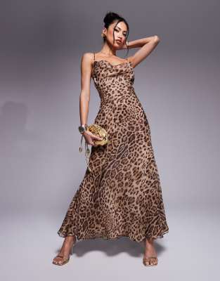 cowl neck maxi dress in leopard print-Brown