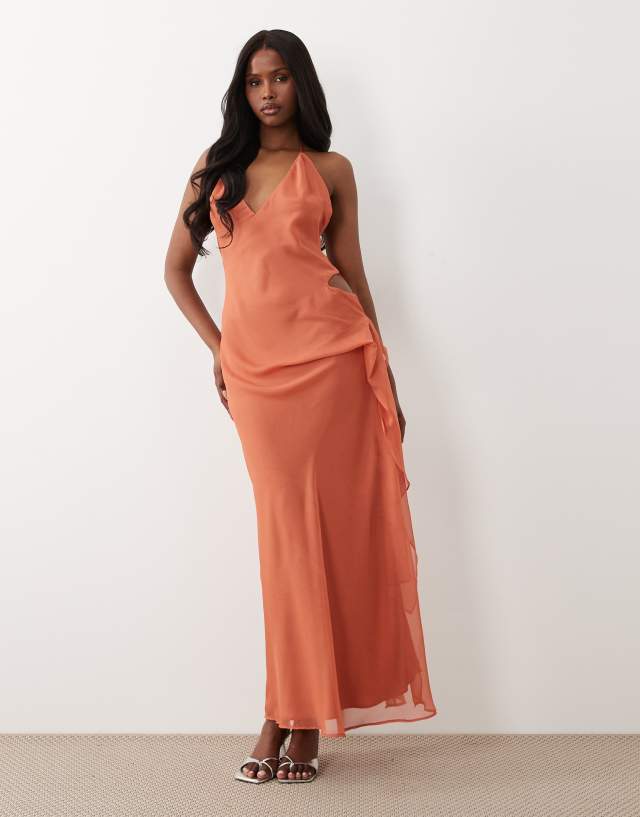 Bardot Cyrel chiffon plunge neck cut out out low back midaxi dress in rust