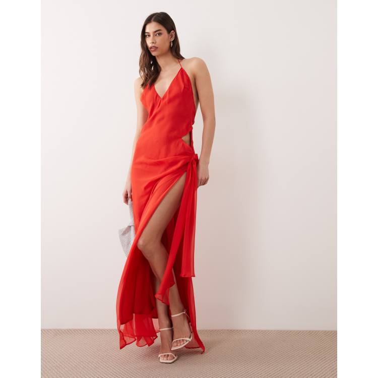 Bardot Cyrel chiffon plunge neck low back maxi dress with cut-out side in  burnt red | ASOS