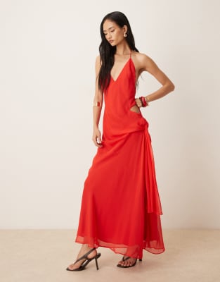 Bardot - Cyrel - Maxikleid in Rot mit Cut-out, seitlicher Schnürung, Drapierung und tiefem Rückenausschnitt