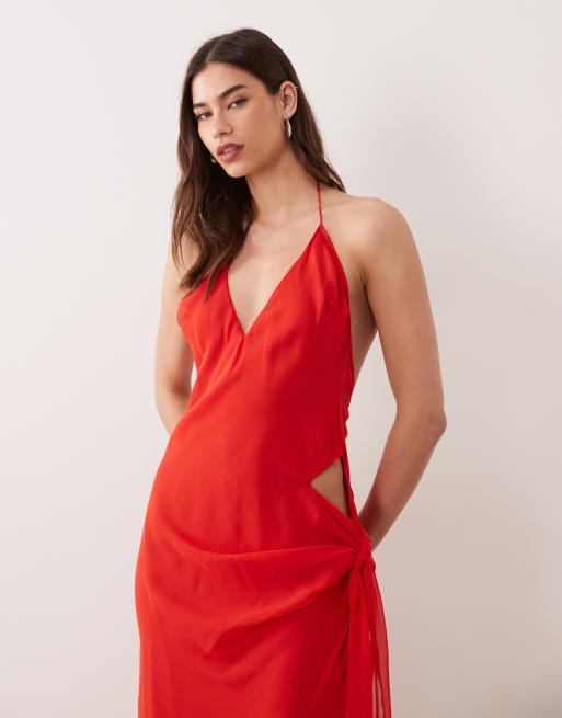 Bardot - Cyrel - Robe longue en mousseline à découpes latérales avec décolleté plongeant et dos échancré - Rouge brûlé, 4 de 4