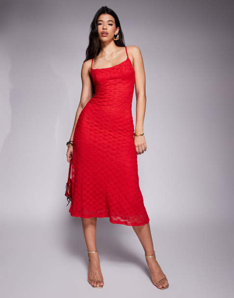 Bardot lace mesh cami midi dress in red