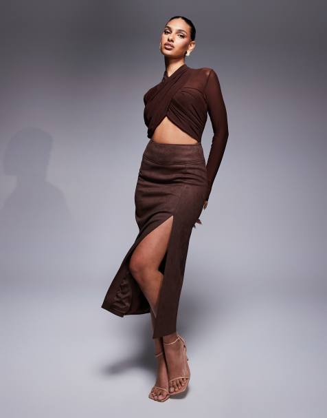 Bardot Dante vegan suede midi skirt in chocolate - view 1
