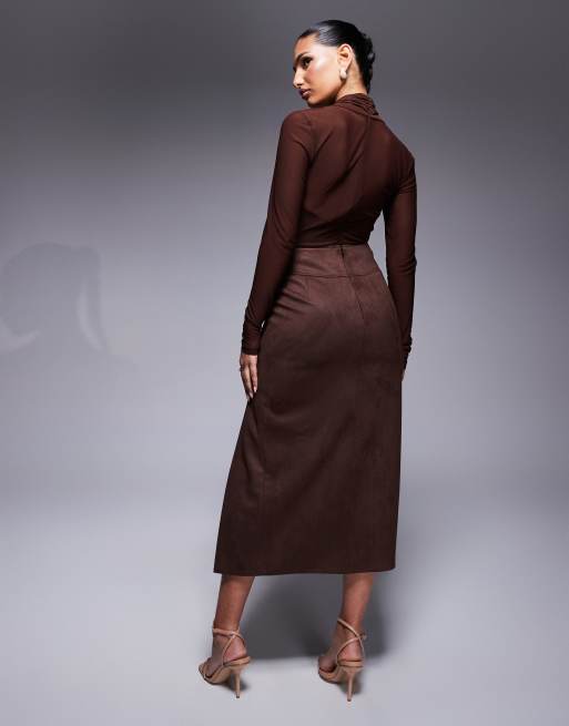 Bardot Dante vegan suede midi skirt in chocolate, 3 of 5