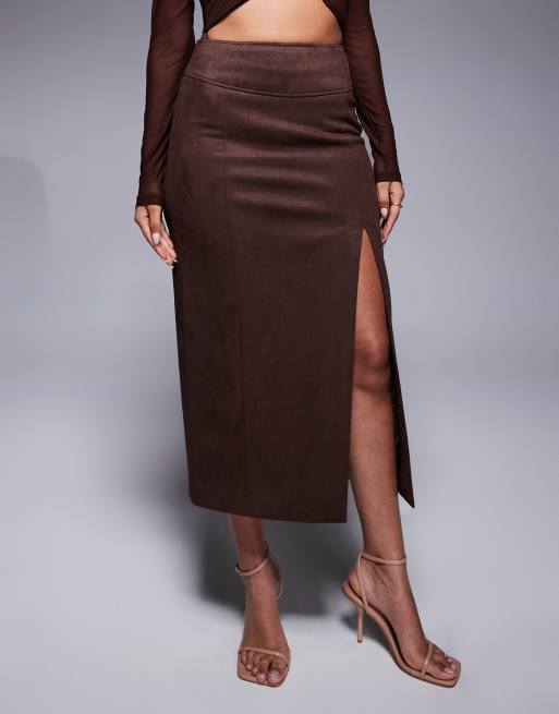 Bardot Dante vegan suede midi skirt in chocolate, 5 of 5