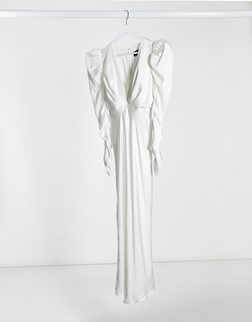 Bardot deep plunge midaxi dress with elevated shoulder in ivory