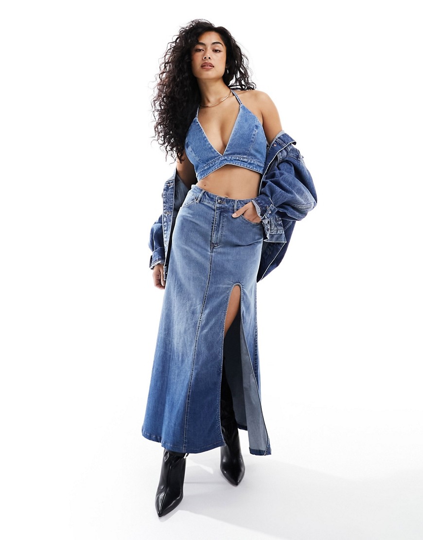 denim maxi skirt with split in blue - part of a set