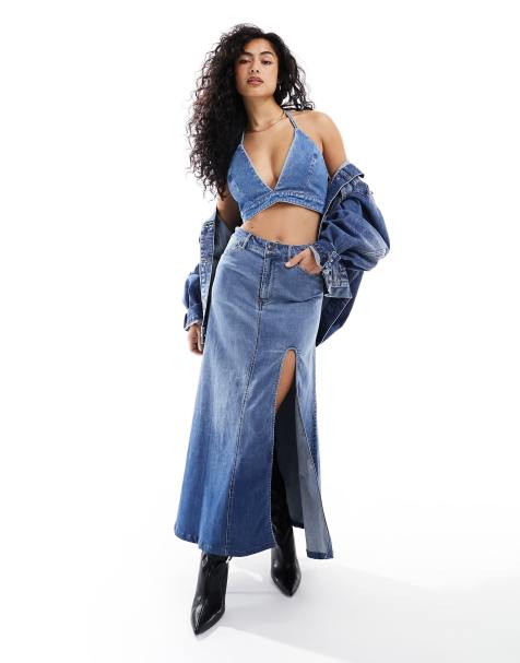 Bardot denim maxi skirt with split co ord in blue