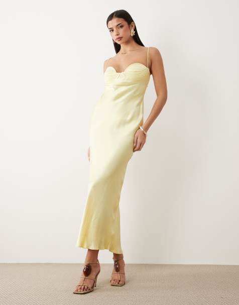 Bardot Devi satin cup detail open back cami maxi dress in lemon - view 1