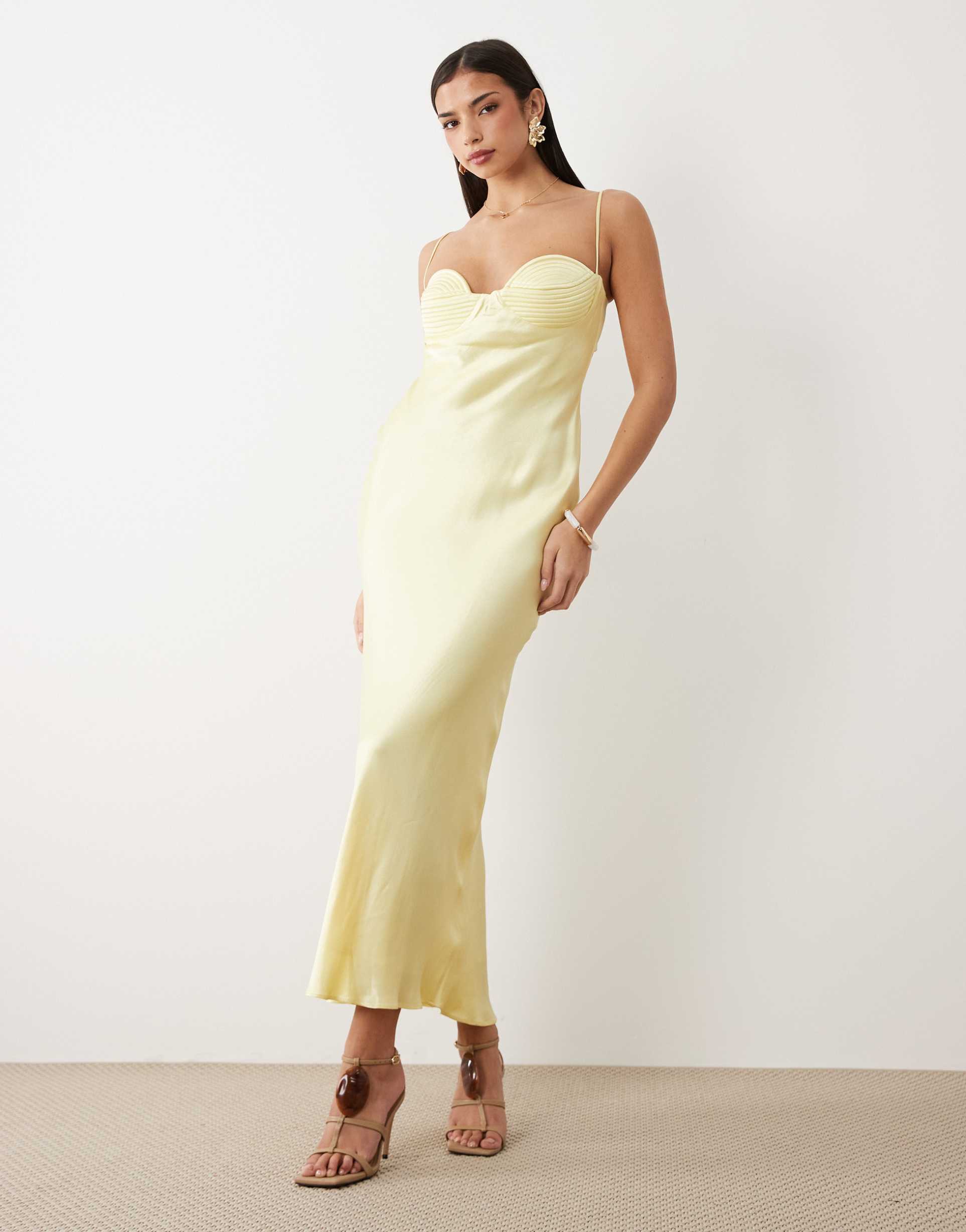 bardot devi satin cup detail open back cami maxi dress in lemon