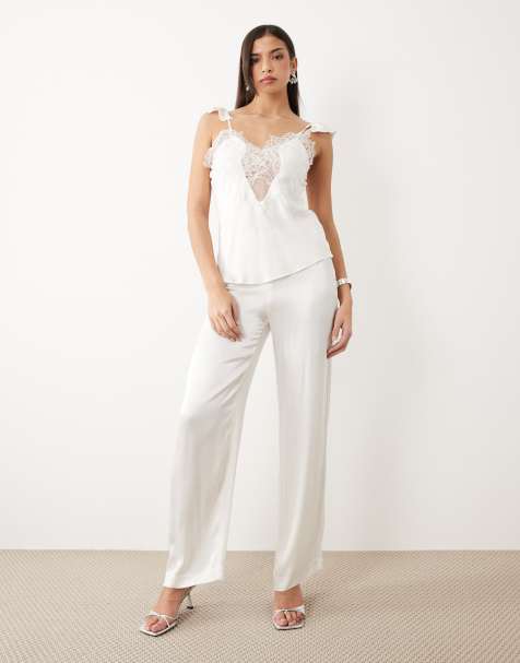 Bardot Devin mid rise straight leg satin trousers co-ord in white