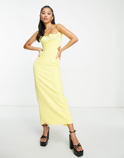 Bardot drape woven corset midaxi dress in lemon - view 1
