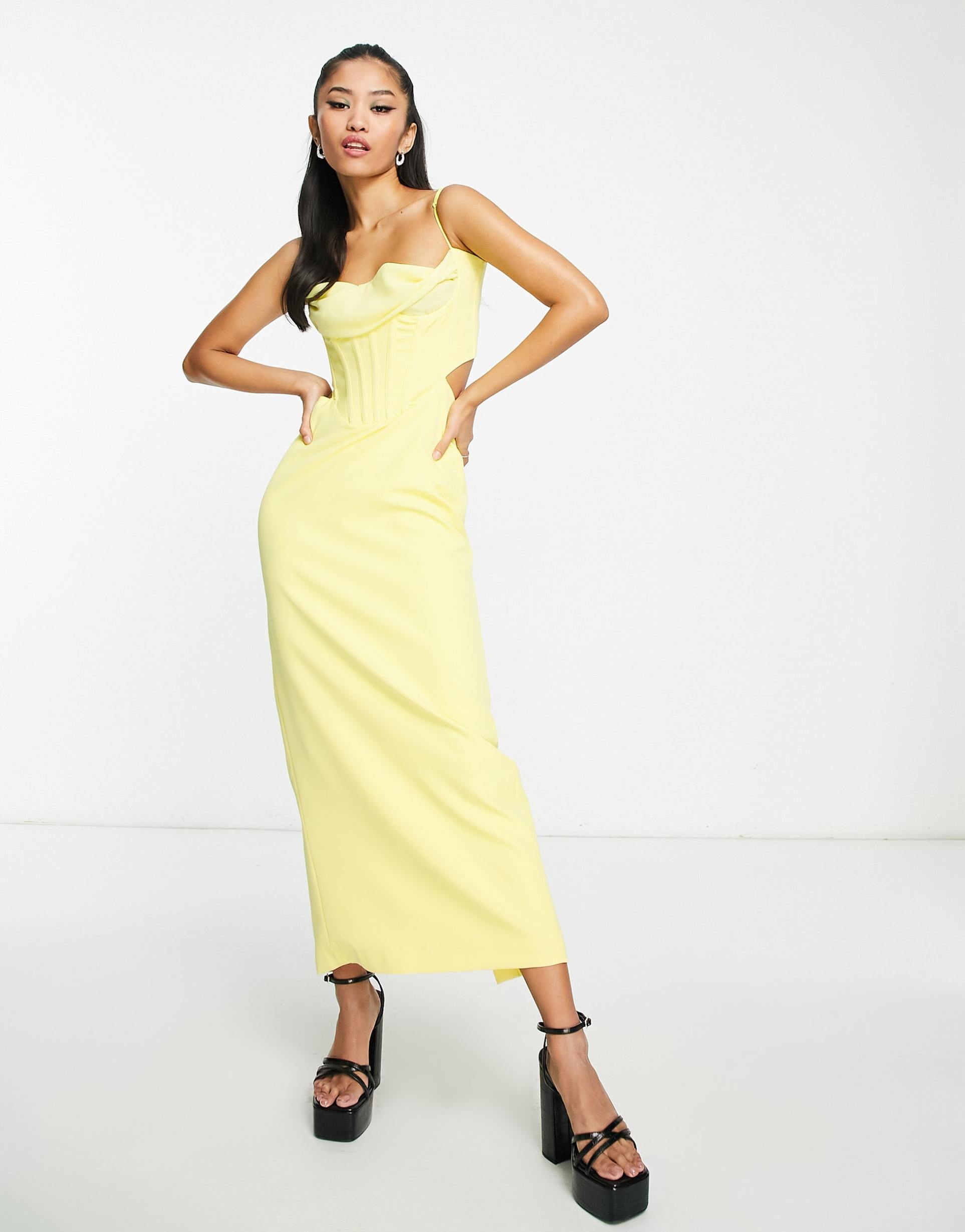 bardot drape woven corset midaxi dress in lemon