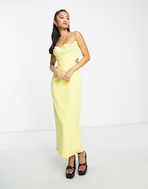 Pleated bardot draped belt midi dress in yellow best sale