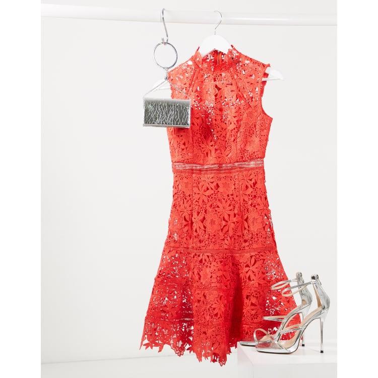 Bardot drop waist midi lace dress in red | ASOS