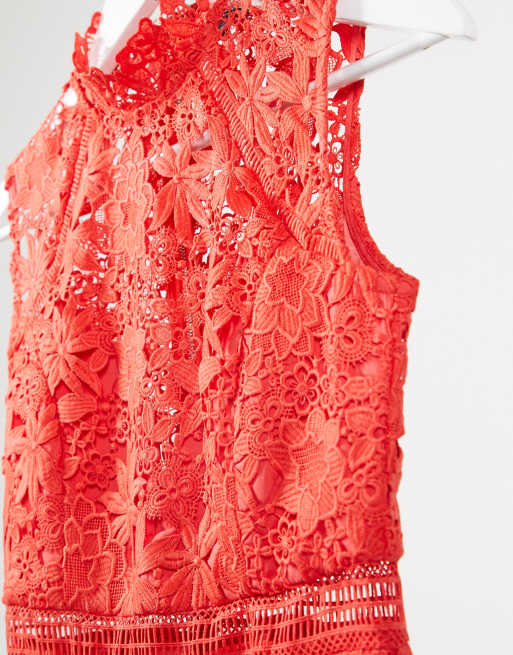 Bardot drop waist midi lace dress in red | ASOS