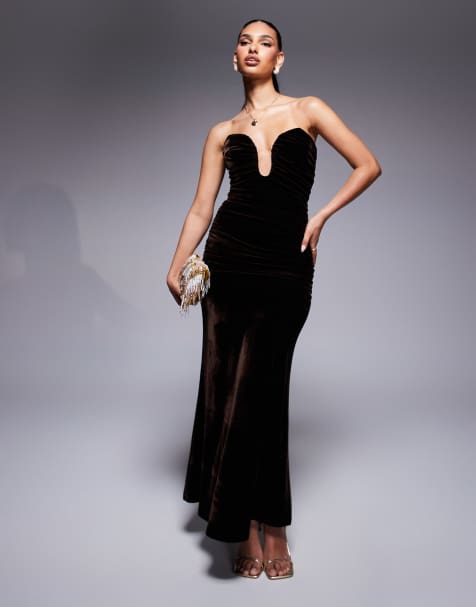 Bardot Elvira velvet plunge maxi dress in chocolate