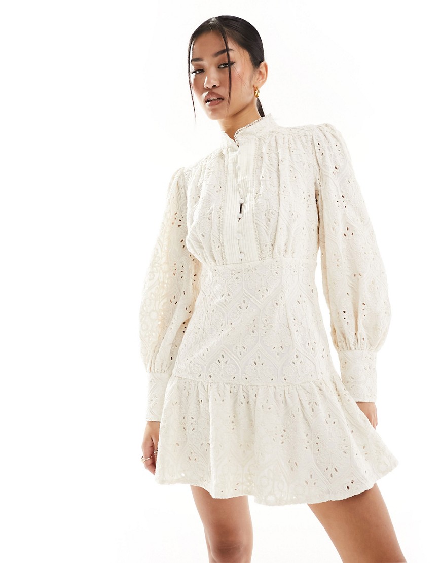 Bardot embroided long sleeve mini dress in white