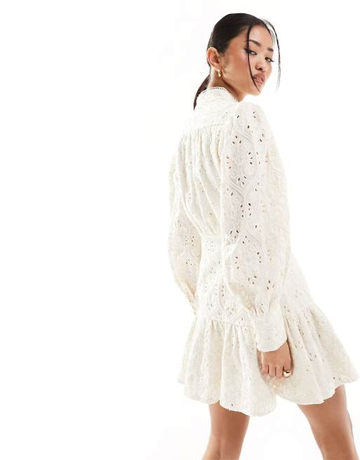 Bardot embroided long sleeve mini dress in white | ASOS