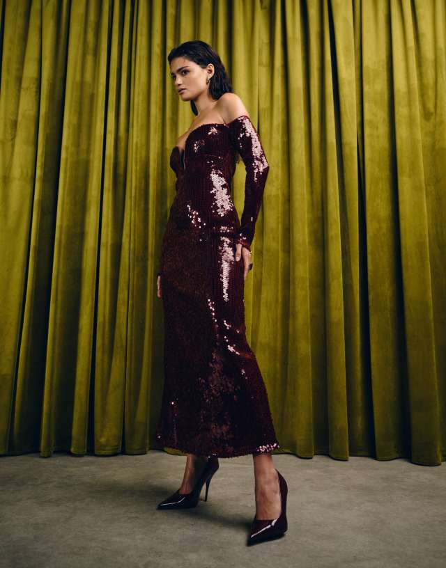 bardot brown sequin dress Emmeline Midi Wine Black Strapless Faux Leather Model Sizing AU SMPLSALE20 Select Suit Size:EU48/US38 Bardot helene sequin