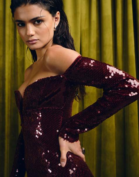 Bardot Emmeline sequin midi dress in wine - view 1