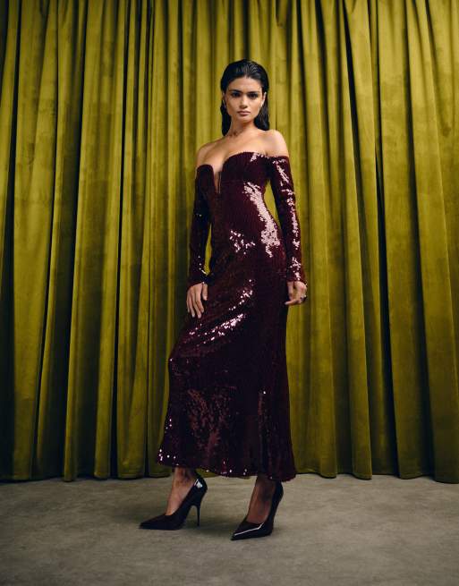 Bardot Emmeline sequin midi dress in wine