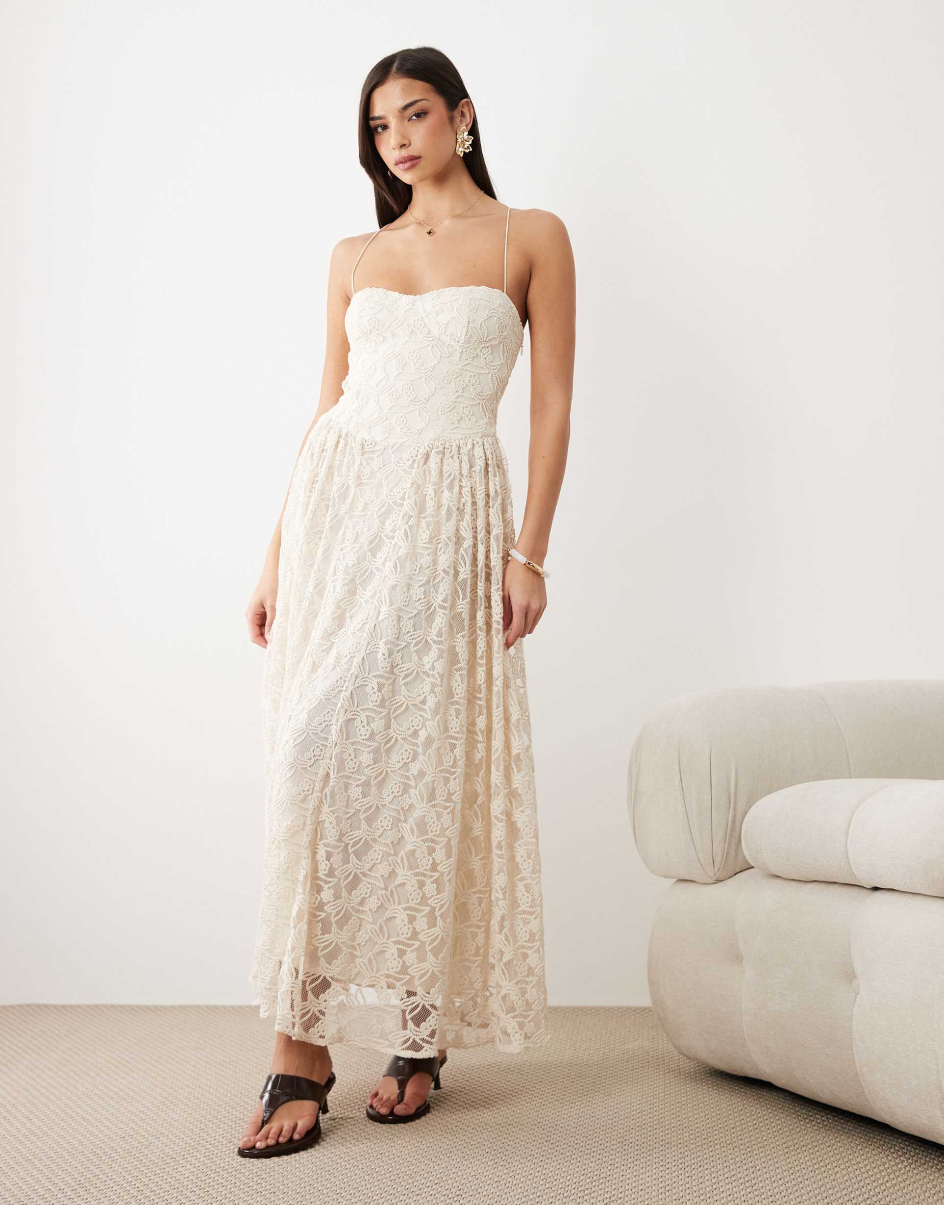 bardot estie broderie maxi dress in light beige