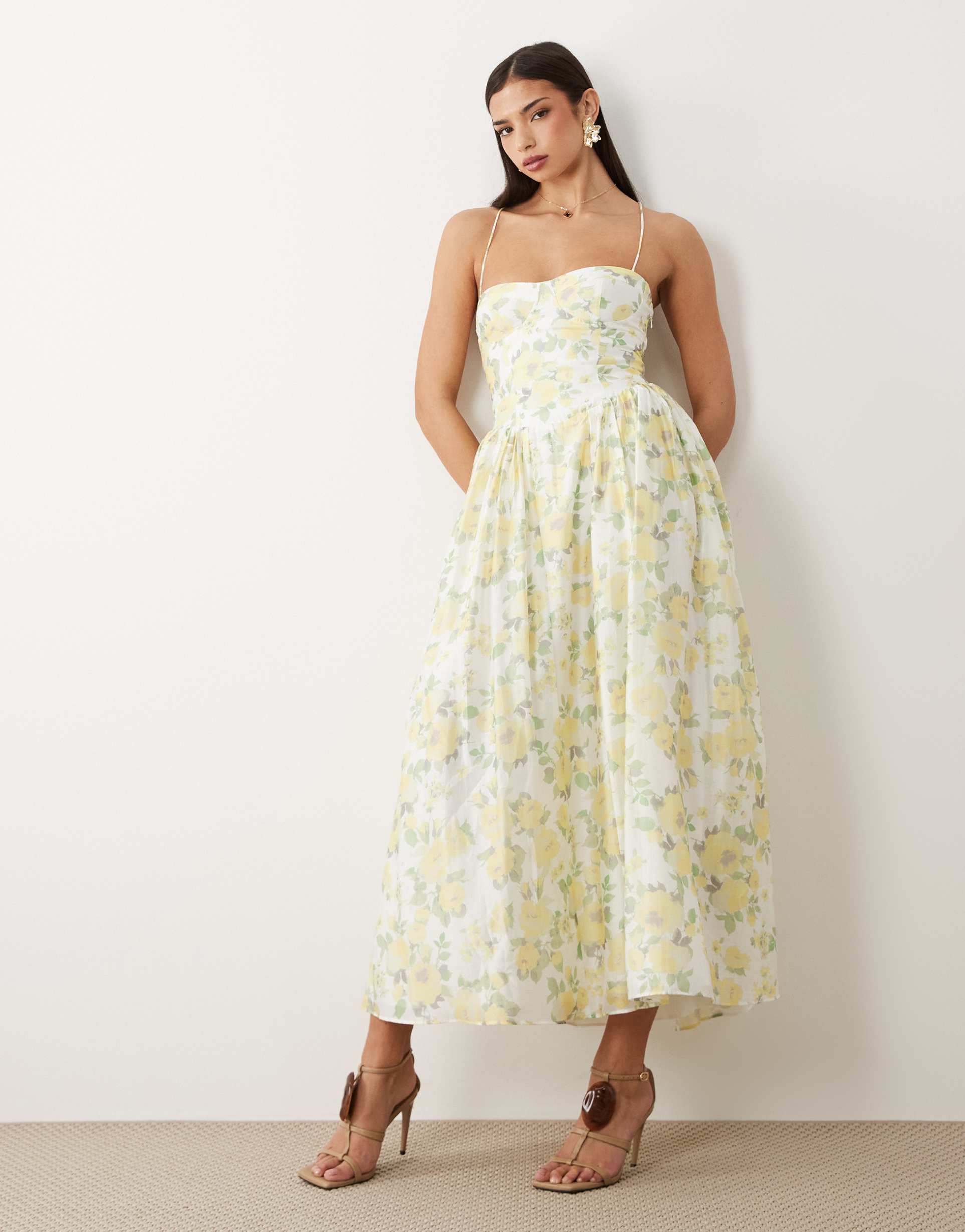 bardot estie cotton cami corset detail maxi dress in yellow floral