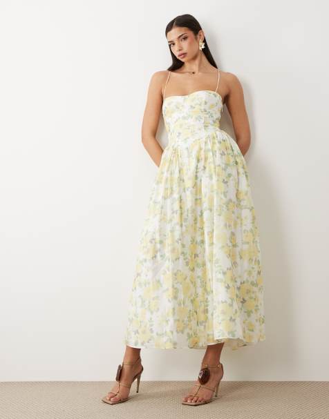 Bardot Estie cotton cami corset detail maxi dress in yellow floral