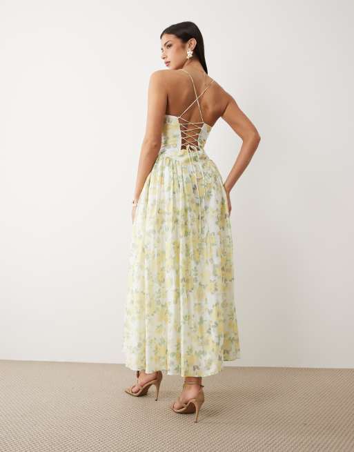 Bardot Estie cotton cami corset detail maxi dress in yellow floral | ASOS