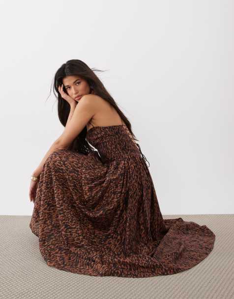 Bardot Estie sweetheart neck gathered hip strappy lace up back detail printed maxi dress in leopard